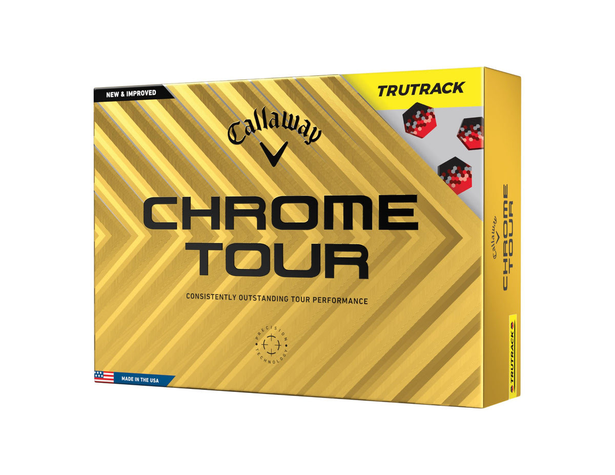 Callaway Chrome Tour Yellow ball closeup showing high-visibility design for easier alignment.