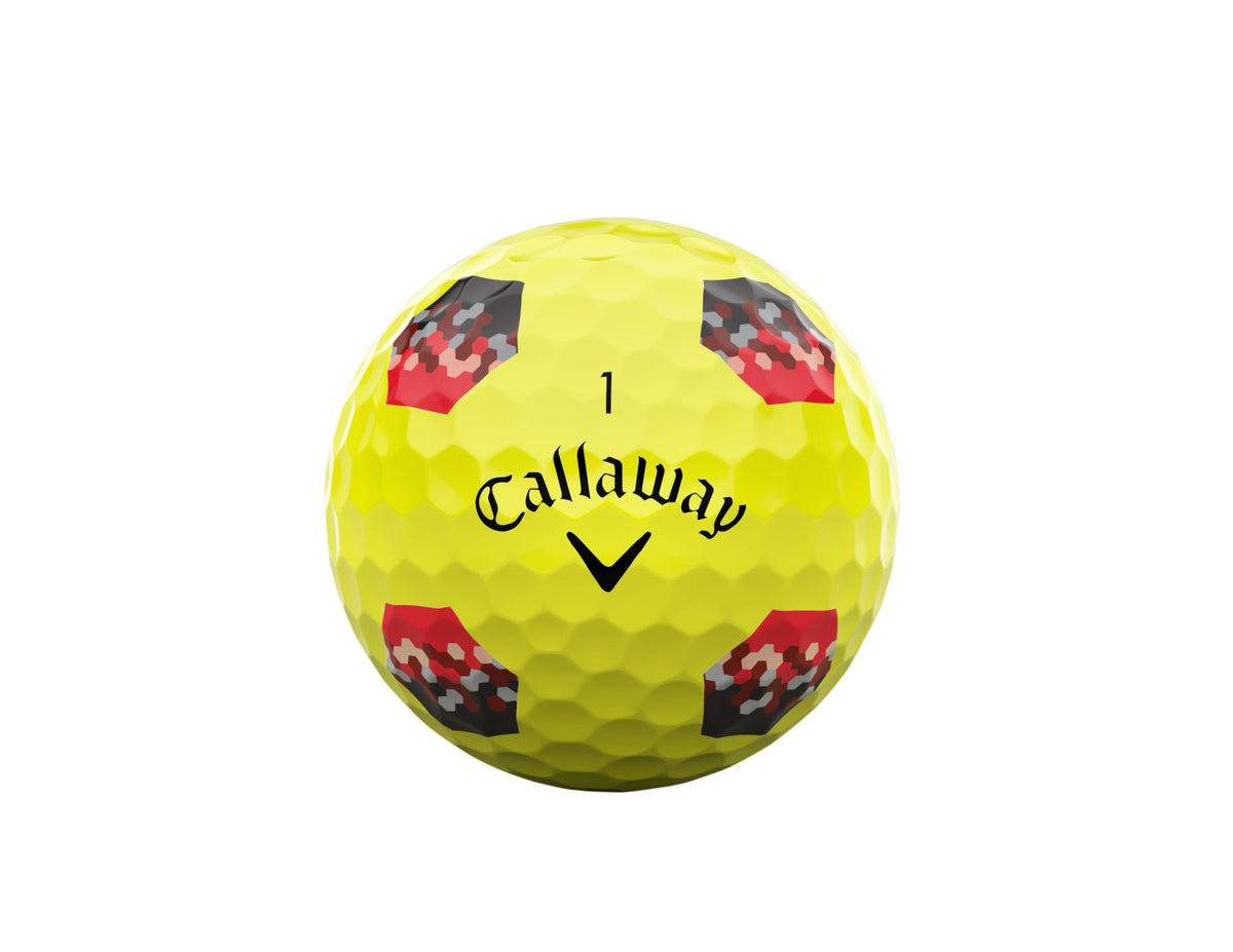 Callaway Chrome Tour Yellow ball in flight with steady trajectory and controlled flight.