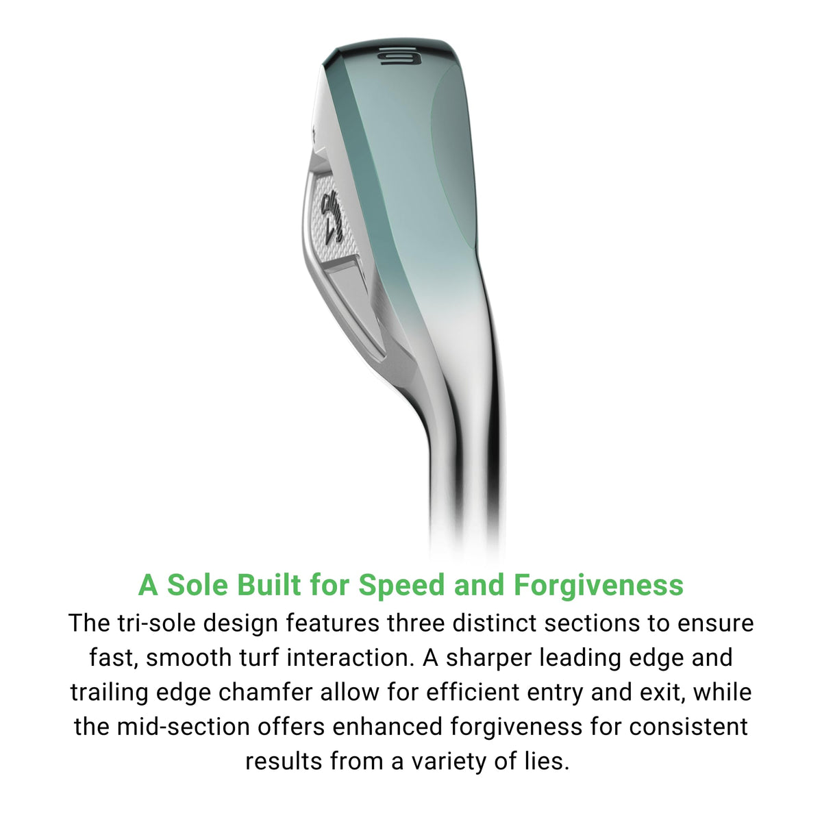 Callaway Elyte High Launch 6-iron sole promotes clean turf interaction.