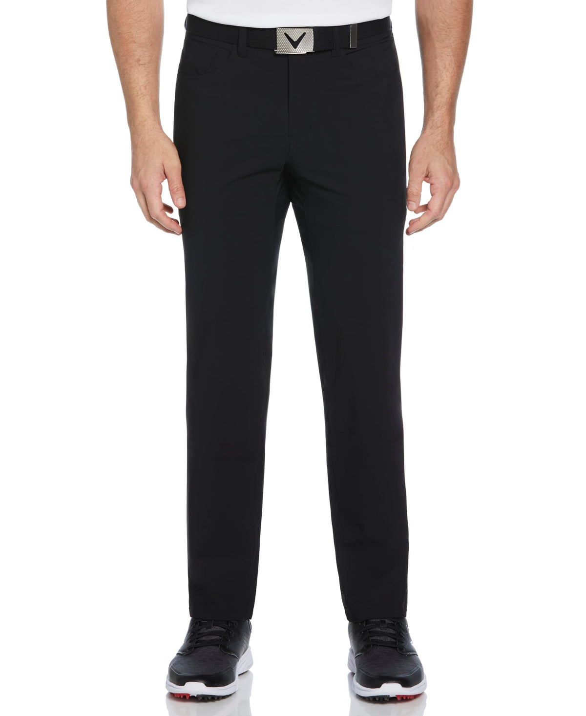 Callaway Epic Five Pocket Pants Caviar front view; moisture-wicking and lightweight for on-course comfort