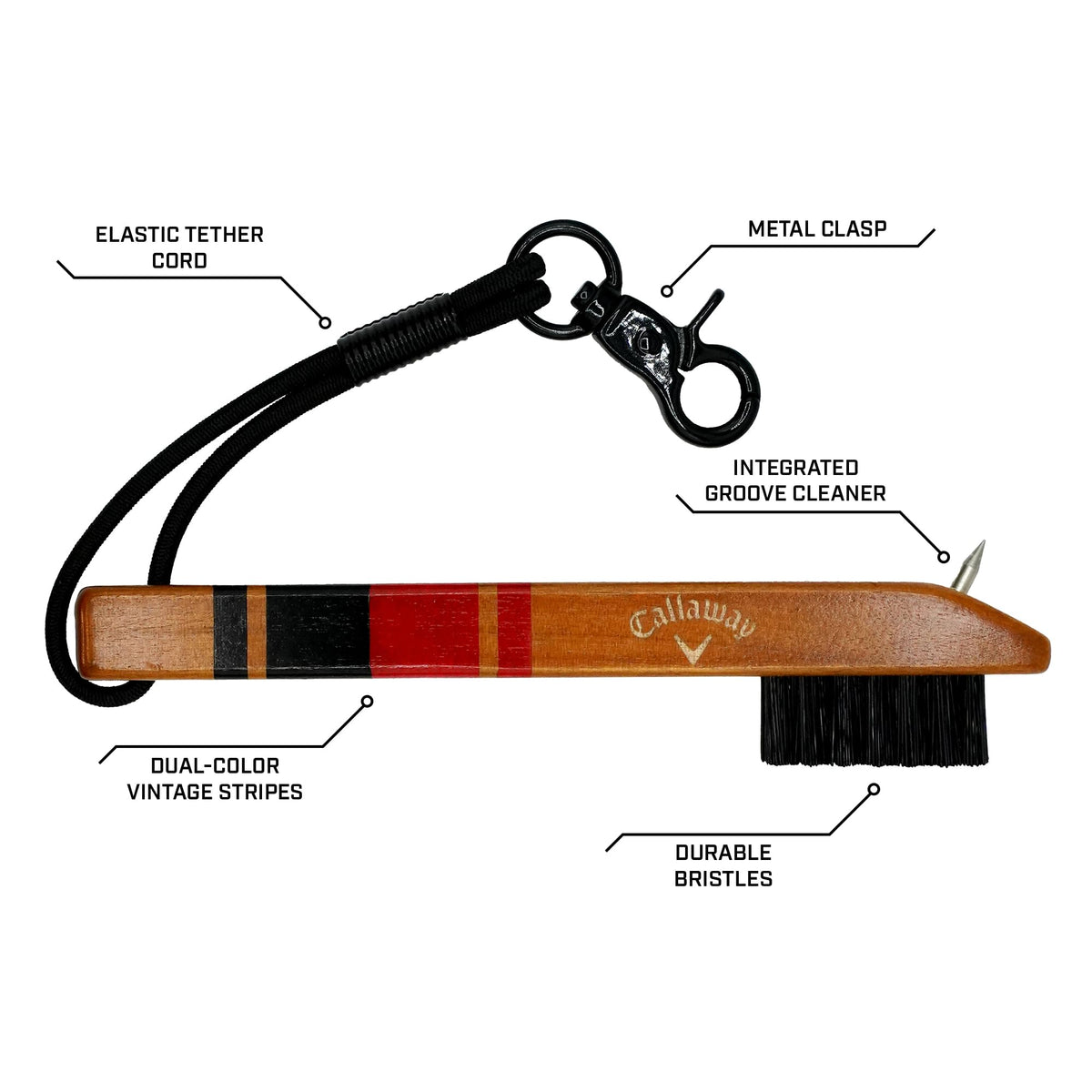 Ergonomic wooden handle on Callaway Heritage brush for comfortable cleaning.