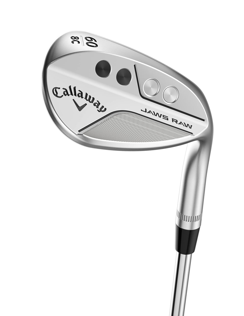 Callaway Jaws RAW Chrome Lob Wedge left-handed 60° face close-up showing aggressive grooves for spin