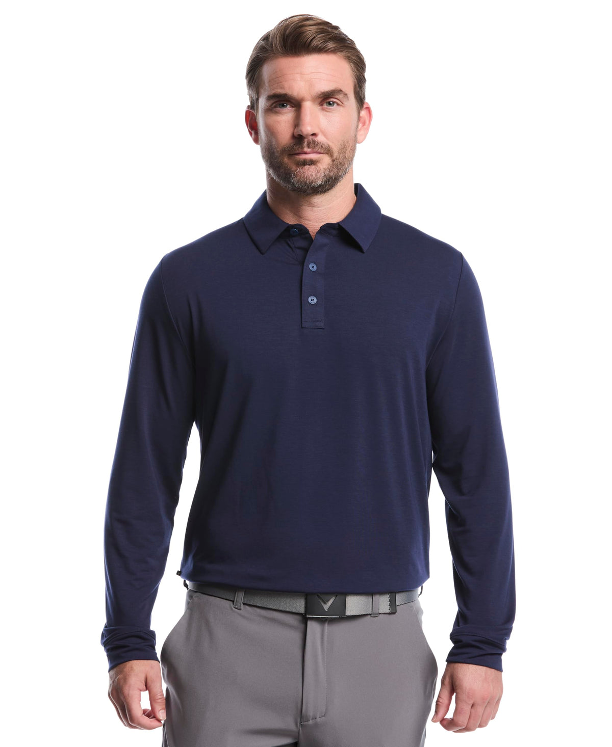 Callaway men's soft touch long sleeve polo on the course with sun protection and moisture-wicking comfort.