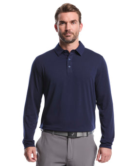 Callaway men's soft touch long sleeve polo on the course with sun protection and moisture-wicking comfort.