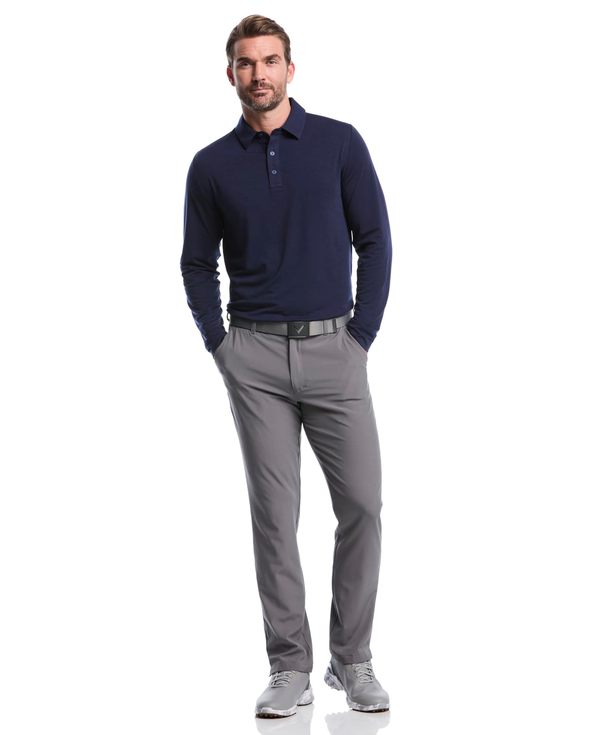 Callaway polo in peacoat showcases recycled polyester for a sustainable choice on course.