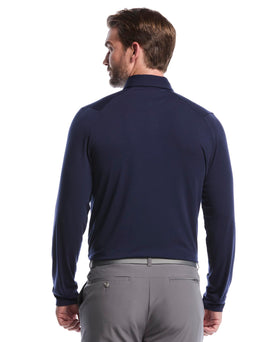 Callaway polo in peacoat fabric shows swing-friendly stretch and full range of motion.