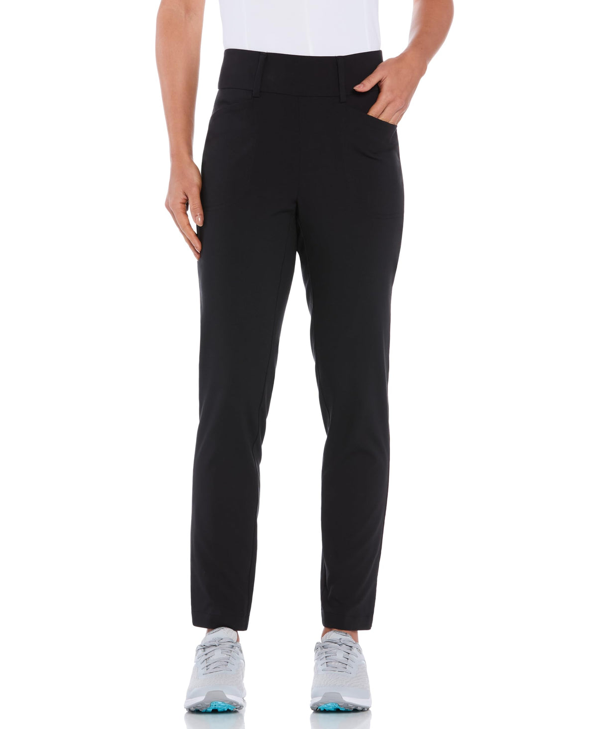 Callaway pull-on tech stretch pants front view for slimming silhouette