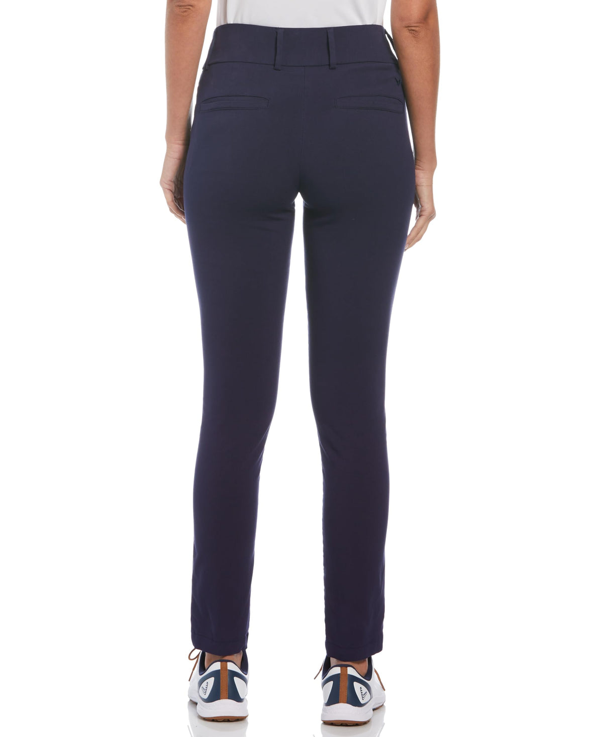 Callaway pull-on tech stretch pants in peacoat, back view, flattering silhouette for on-course wear.