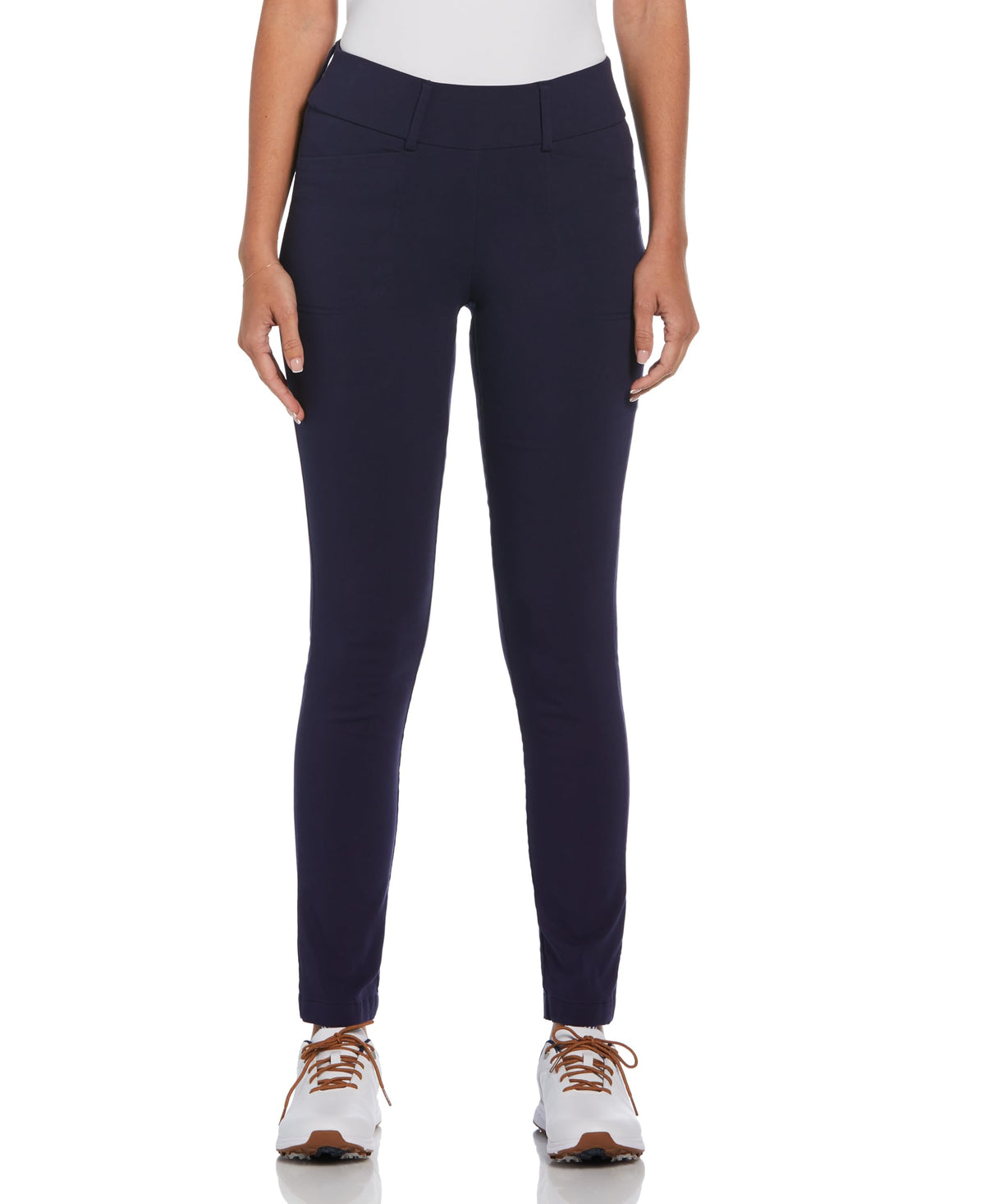 Callaway Pull-On Tech Stretch Pants Peacoat closeup shows fabric texture and stretch for flexible movement.