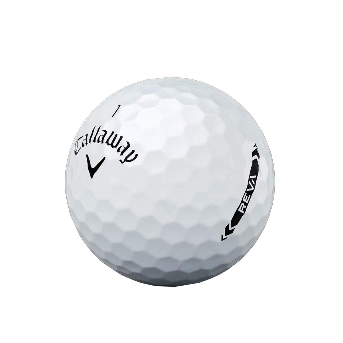 Callaway REVA golf balls in pearl white pack shot emphasizing distance and forgiveness