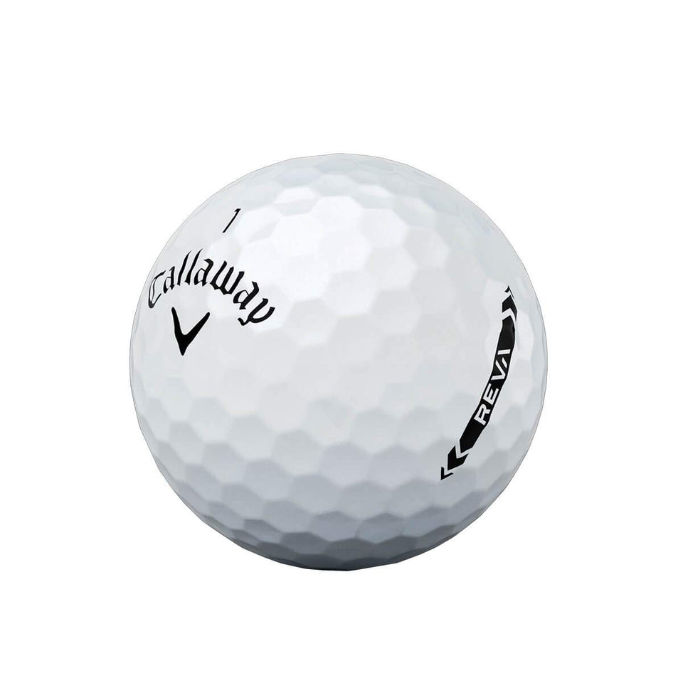 Callaway REVA golf balls in pearl white pack shot emphasizing distance and forgiveness