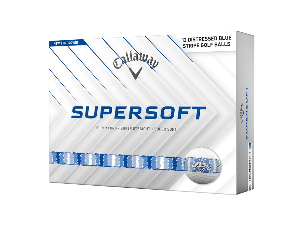 Callaway Supersoft blue golf ball shines in a 12-ball pack, offering a soft feel.