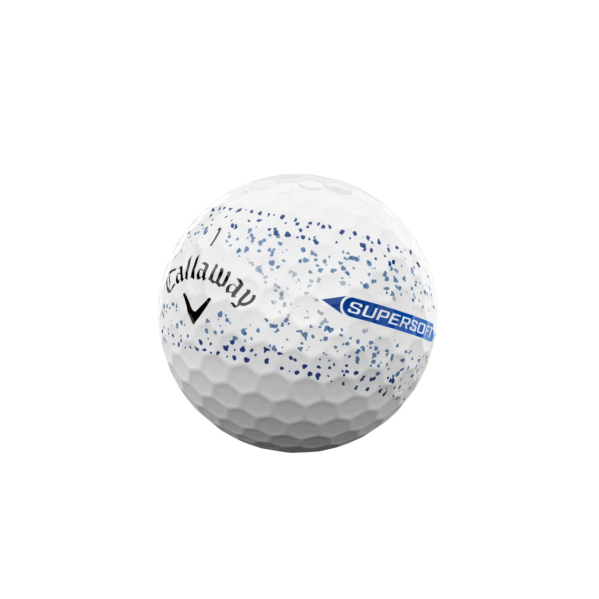 Callaway Supersoft Blue Splatter close-up showing Hybrid Cover durability and spin