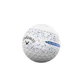 Callaway Supersoft Blue Splatter close-up showing Hybrid Cover durability and spin