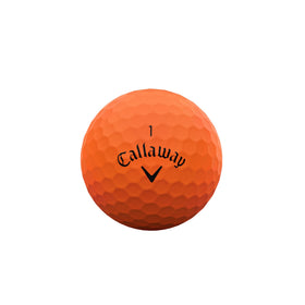Close-up of Callaway Supersoft Orange ball dimple pattern highlighting soft feel.