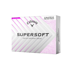 Callaway Supersoft Pink Splatter ball front view highlighting softer feel and true roll feedback.