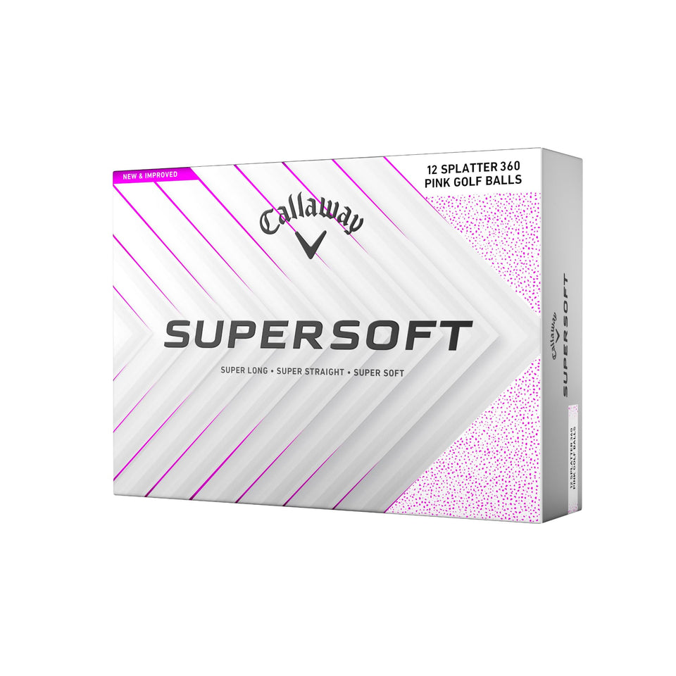 Callaway Supersoft Pink Splatter ball front view highlighting softer feel and true roll feedback.