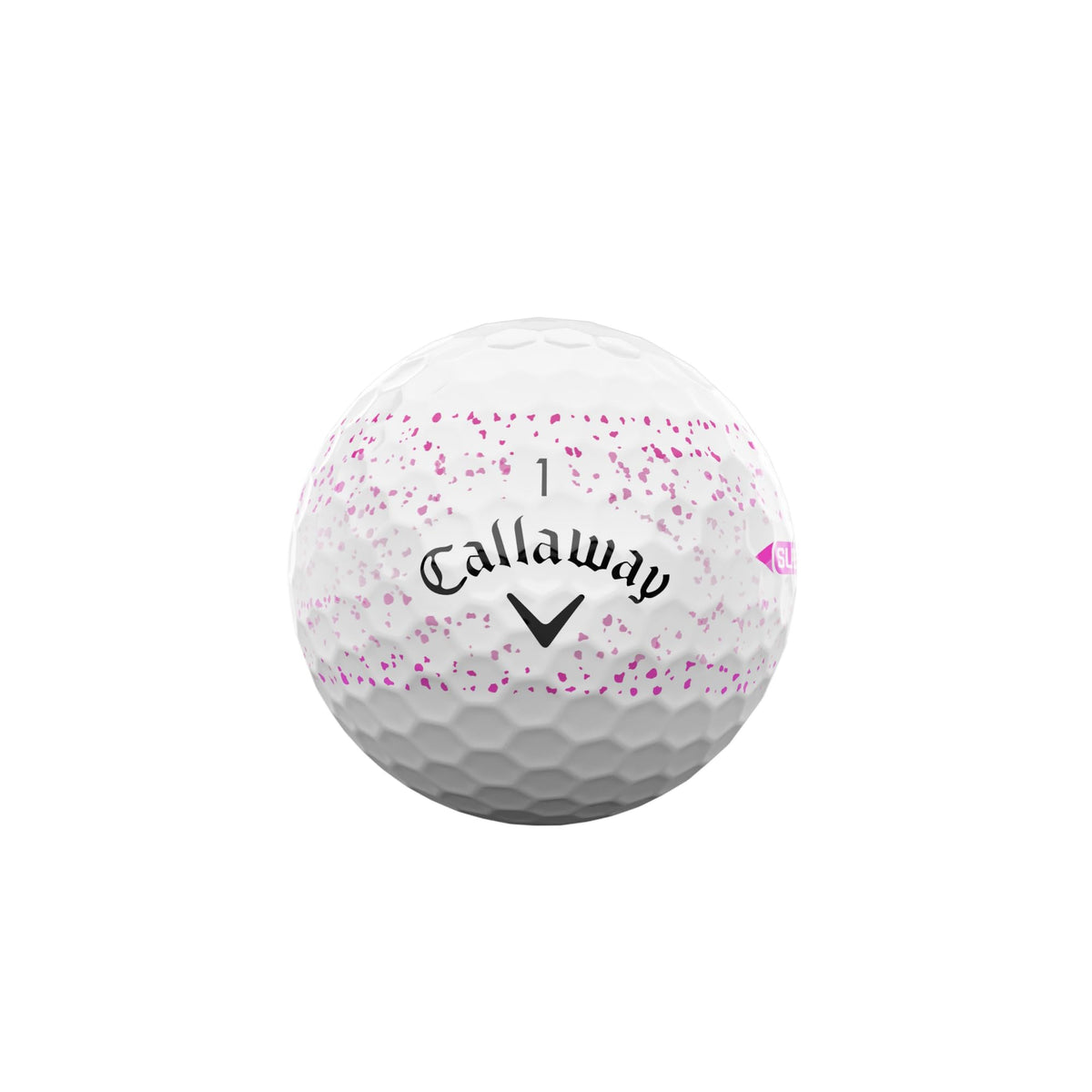 Callaway Supersoft Pink Splatter ball side view emphasizing greenside spin and control.
