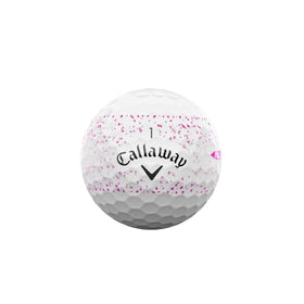 Callaway Supersoft Pink Splatter ball side view emphasizing greenside spin and control.