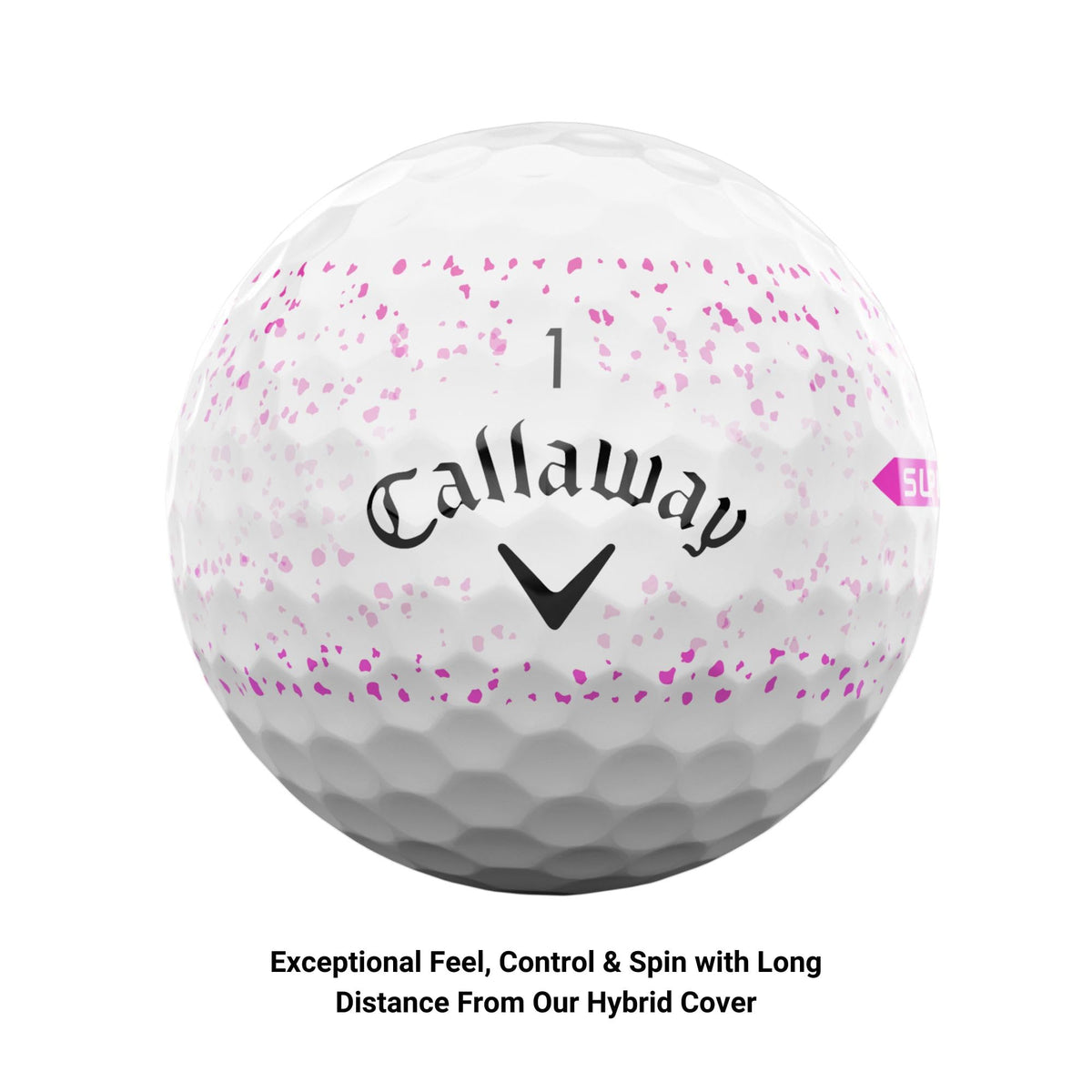 Callaway Supersoft pink splatter on-green view demonstrates soft, controllable feel.