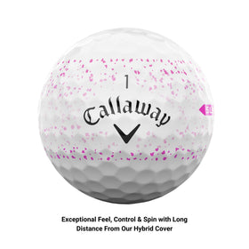 Callaway Supersoft pink splatter on-green view demonstrates soft, controllable feel.