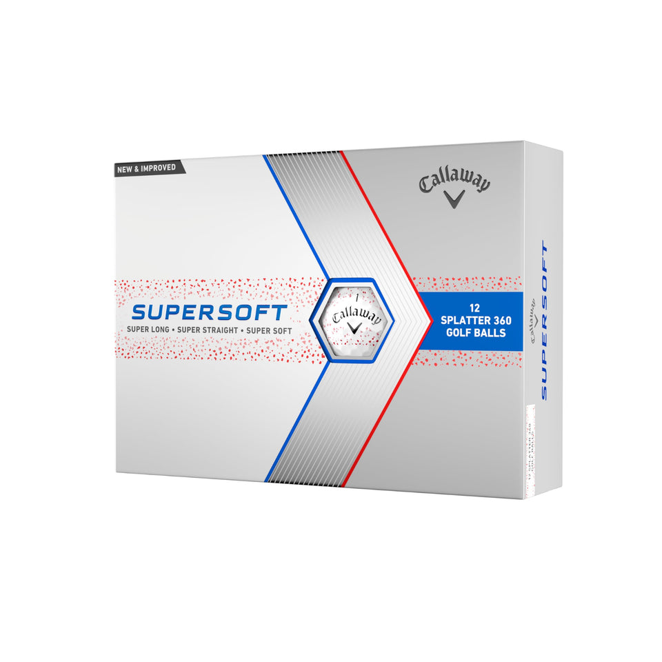 Callaway Supersoft red splatter close-up improves alignment visibility.