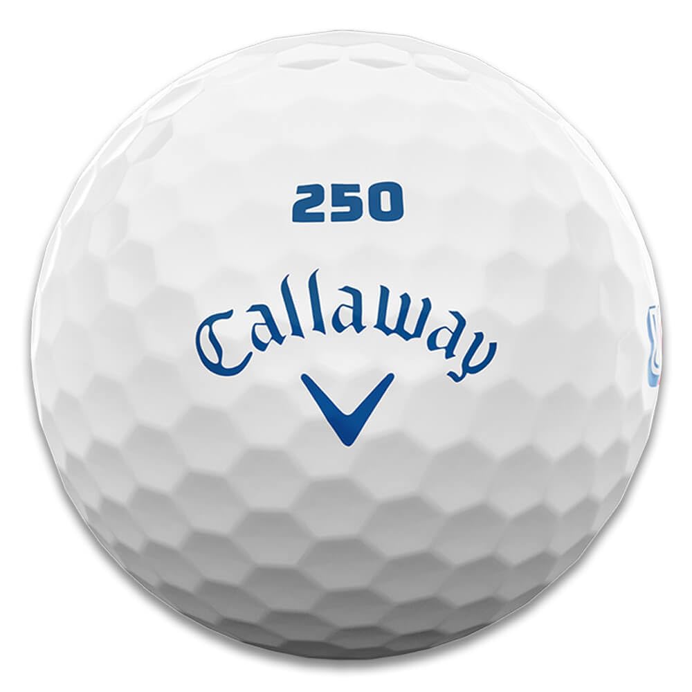 Callaway Supersoft USA 250 ball, side view, low compression design for distance.