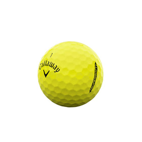 Callaway Supersoft yellow ball, close-up cover texture for soft greenside control.