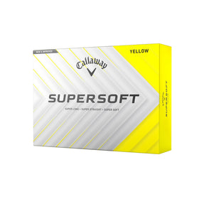 Callaway Supersoft yellow golf ball, front view, bright visibility for on-course alignment.