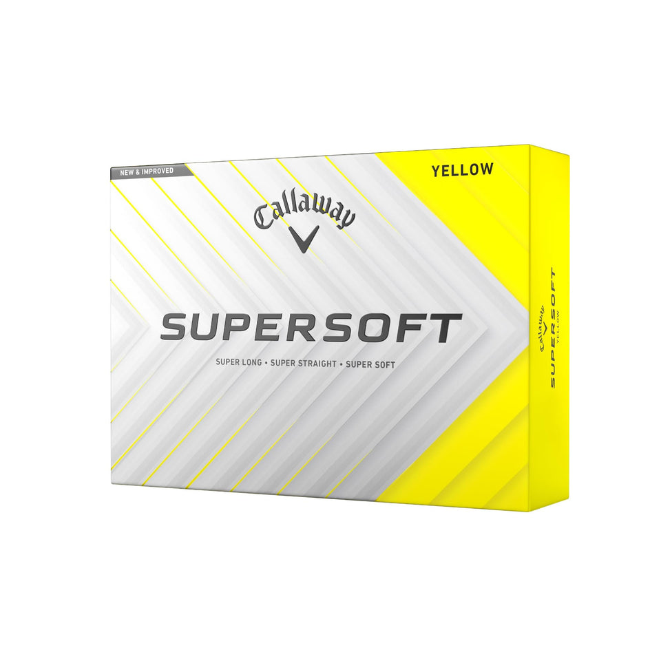 Callaway Supersoft yellow golf ball, front view, bright visibility for on-course alignment.