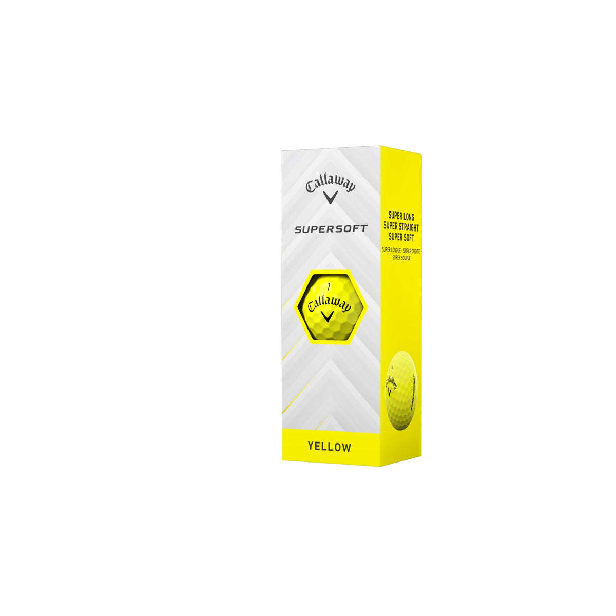 Callaway Supersoft yellow ball, pack shot, ideal for practice and on-course visibility.