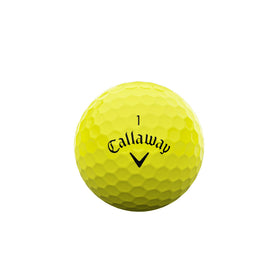 Callaway Supersoft yellow ball, side view, consistent feel through drives and approaches.