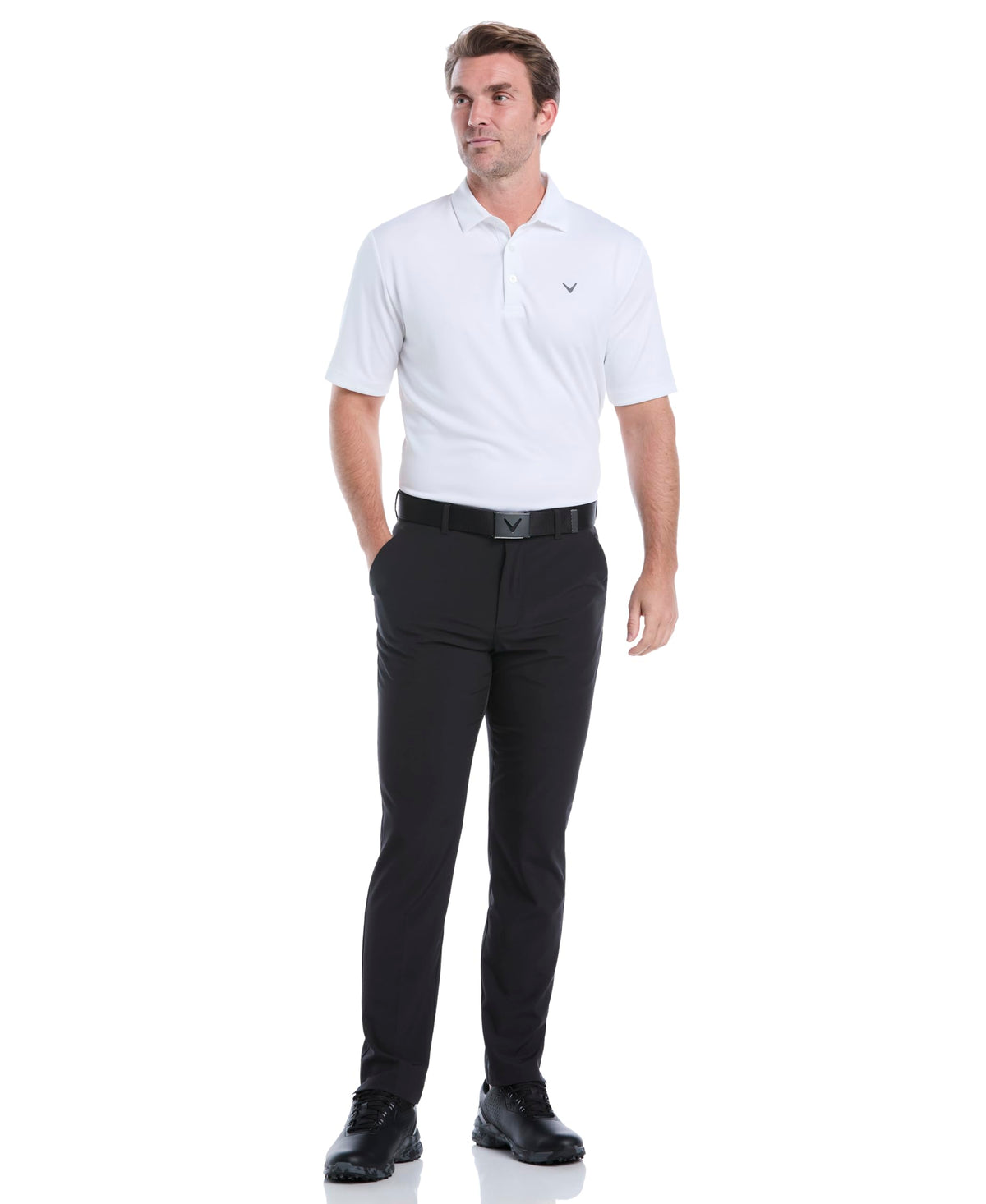 Callaway Swing Tech Pants Caviar fabric close-up highlighting recycled Repreve material