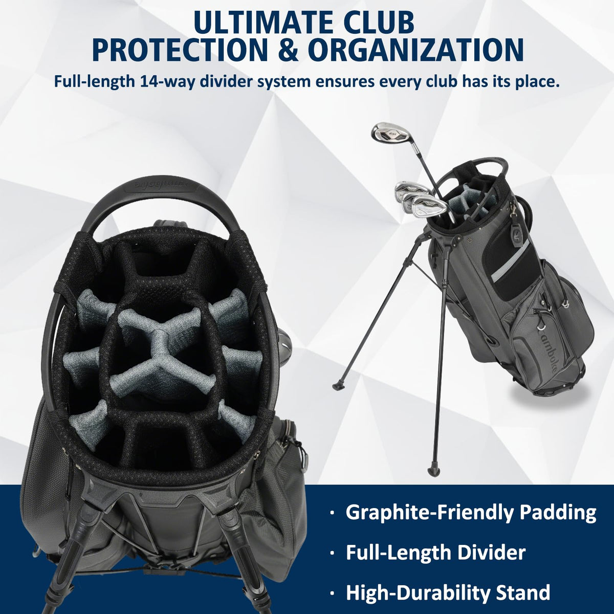 Camboke 14-Way Stand Bag side view showcasing organized pockets and ergonomic stance.