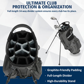 Camboke 14-Way Stand Bag side view showcasing organized pockets and ergonomic stance.