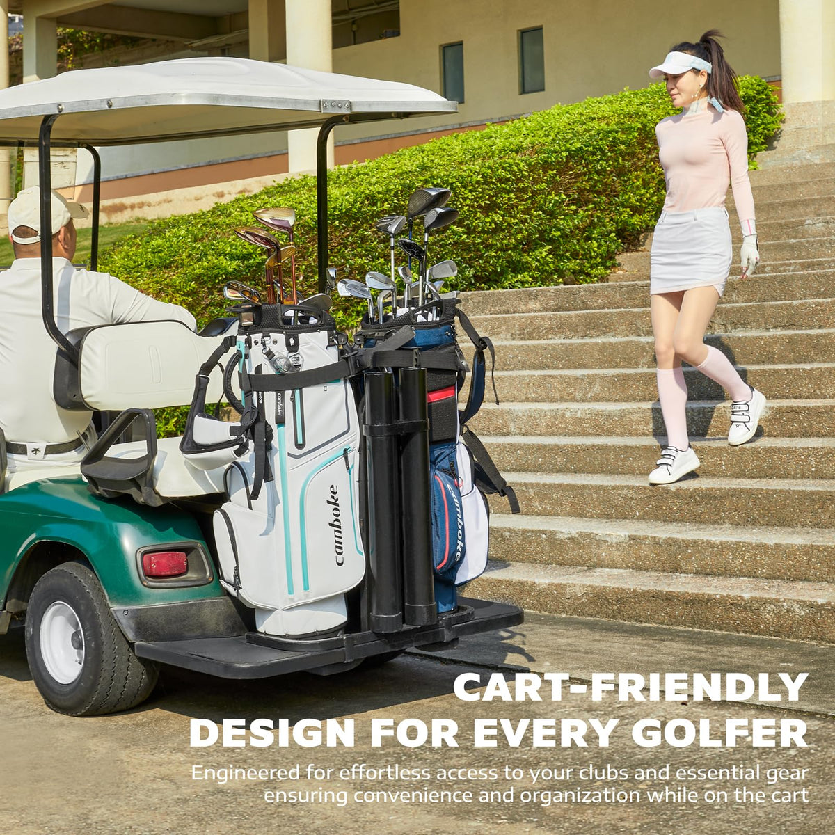 Camboke cart-strap pass-through for secure riding and accessible pockets