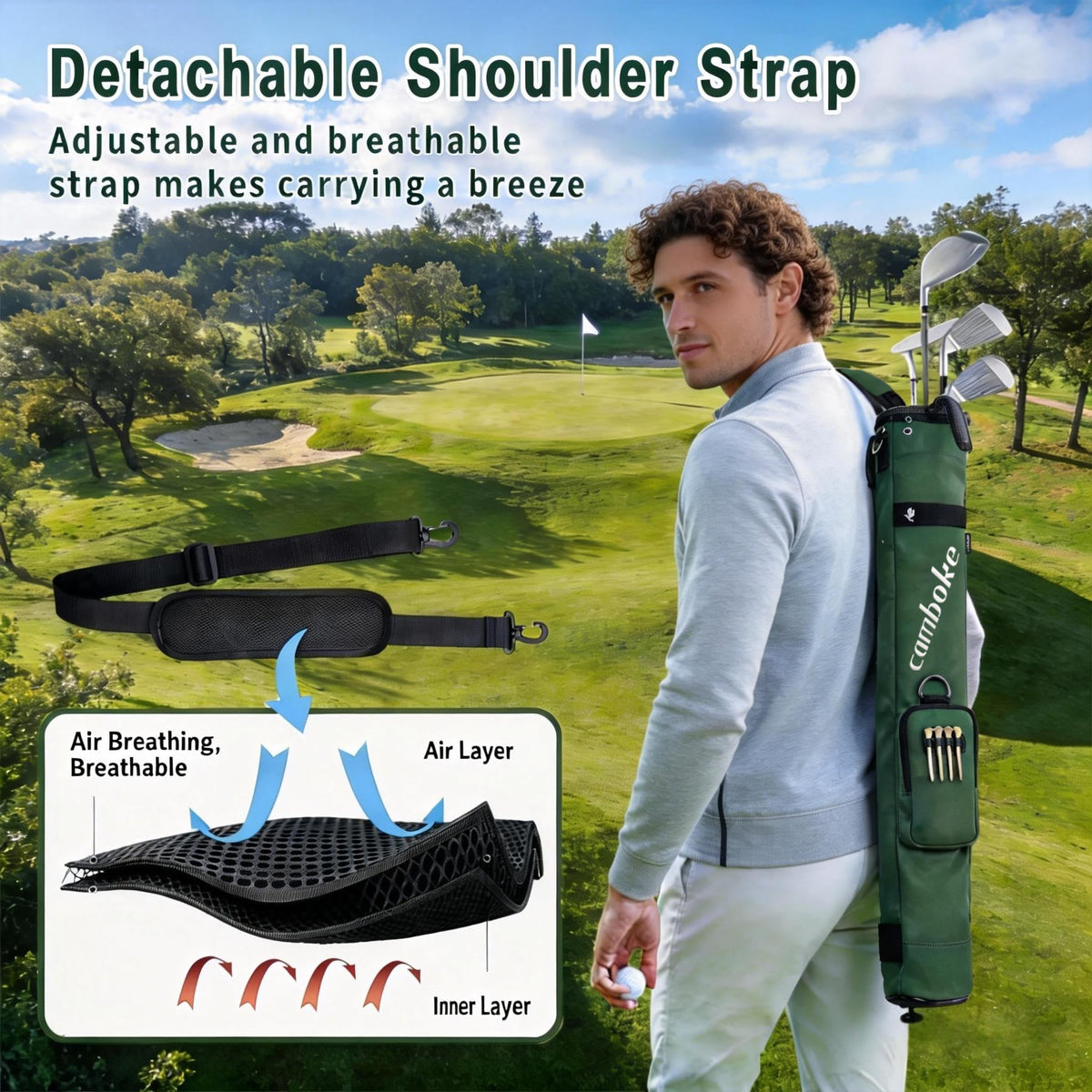 Camboke padded strap distributes weight to reduce shoulder strain