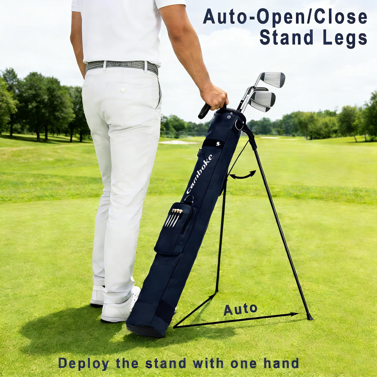 Camboke golf stand bag with legs deployed for stable setup on any terrain.