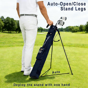 Camboke golf stand bag with legs deployed for stable setup on any terrain.