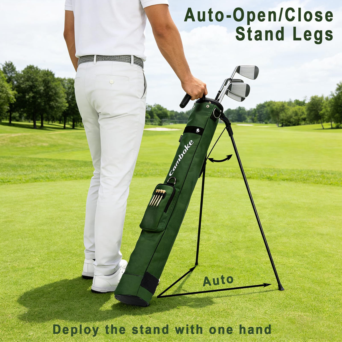 Camboke stand bag with press-in stand for quick setup between holes