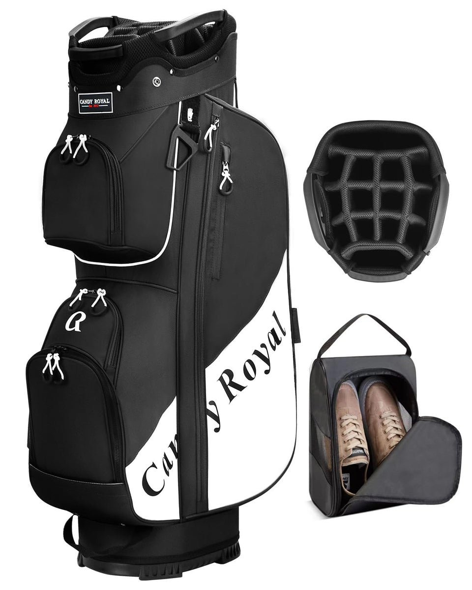 CandyRoyal golf cart bag 14-way top divider keeps clubs organized on the course.