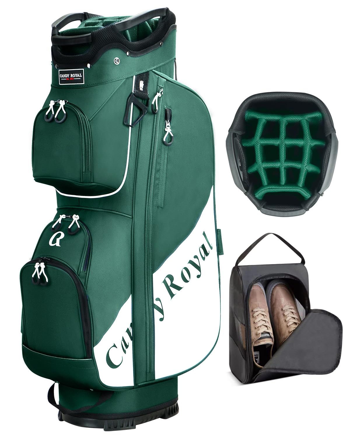 CandyRoyal golf cart bag with 14-way top divider keeps clubs organized on the green