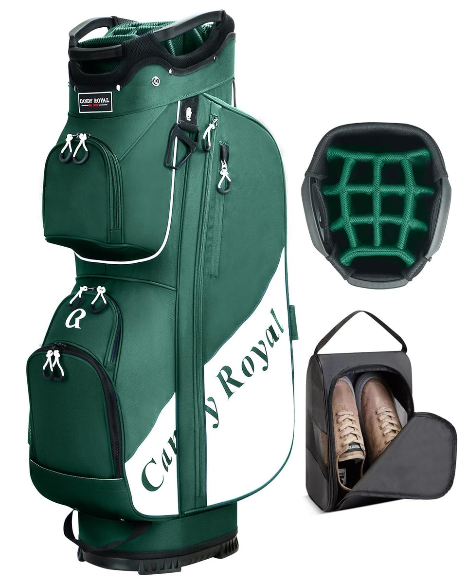 CandyRoyal golf cart bag with 14-way top divider keeps clubs organized on the green