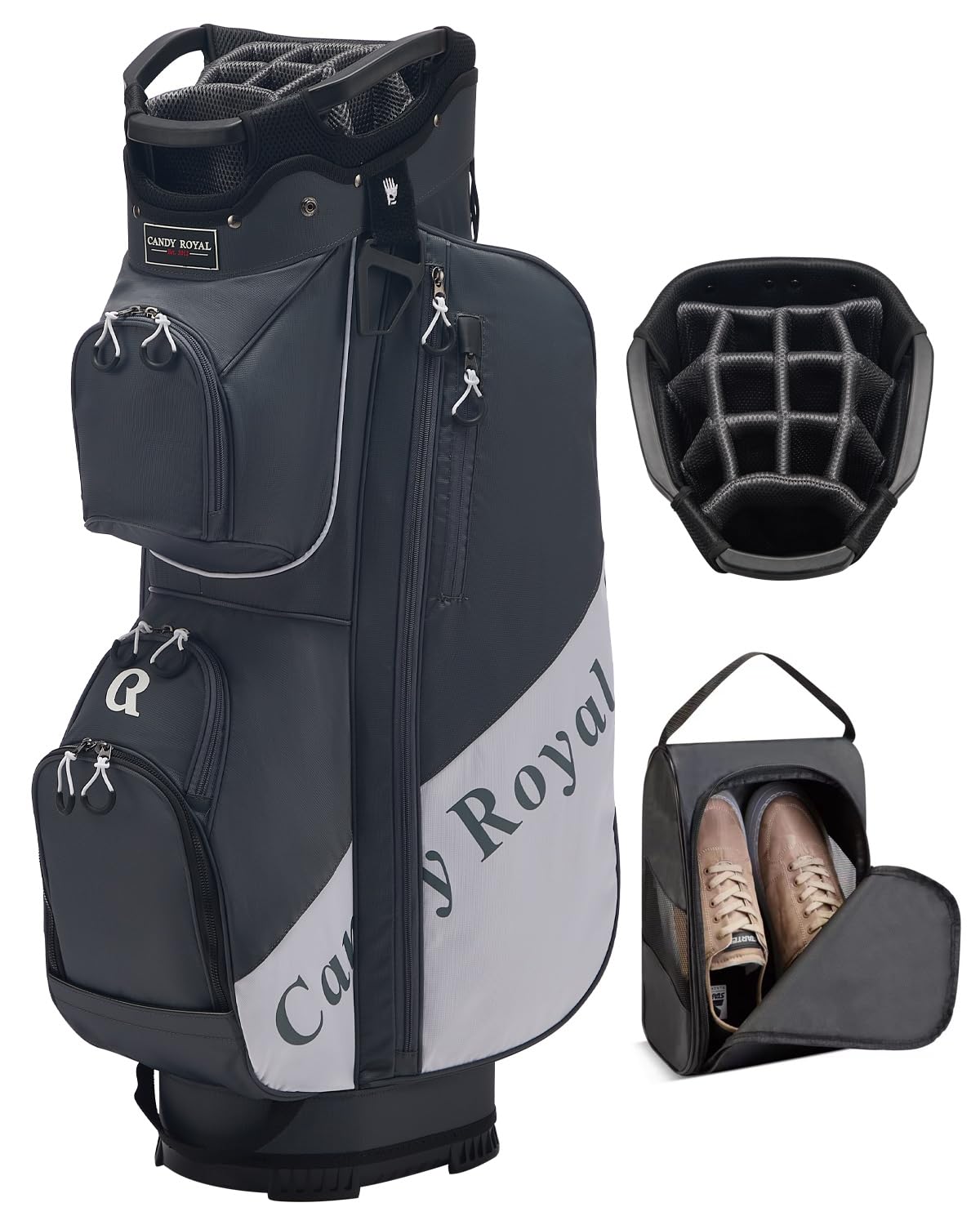 CandyRoyal golf cart bag 14-way top keeps clubs organized during rounds