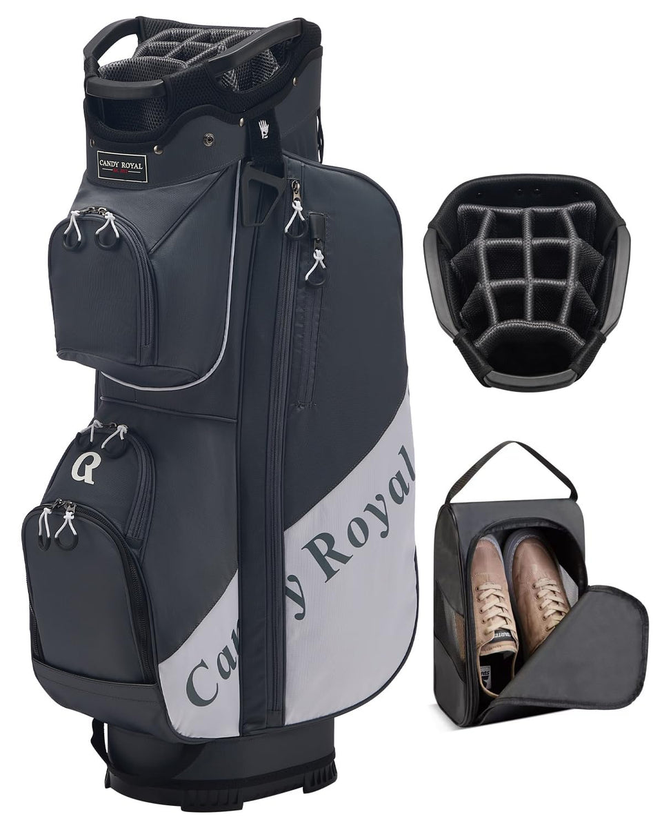 CandyRoyal golf cart bag 14-way top keeps clubs organized during rounds