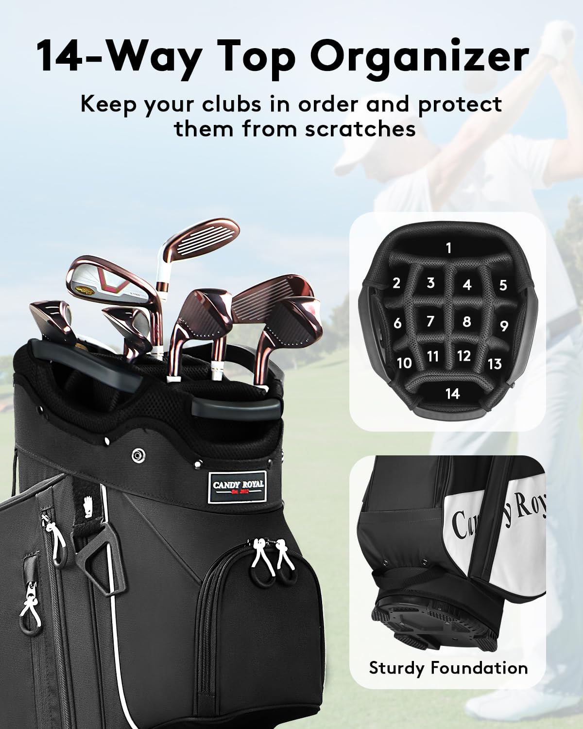 CandyRoyal golf cart bag cooler pocket provides refreshment storage between holes.