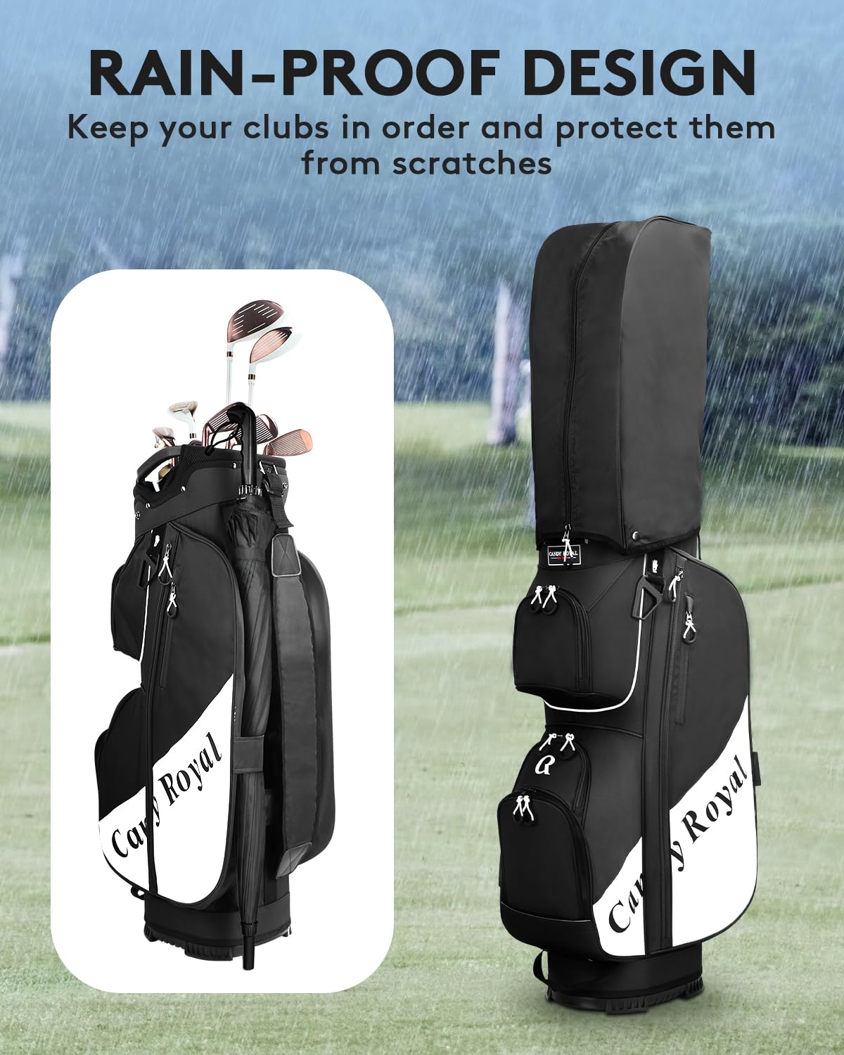 CandyRoyal golf cart bag rain cover shields gear during sudden rain.