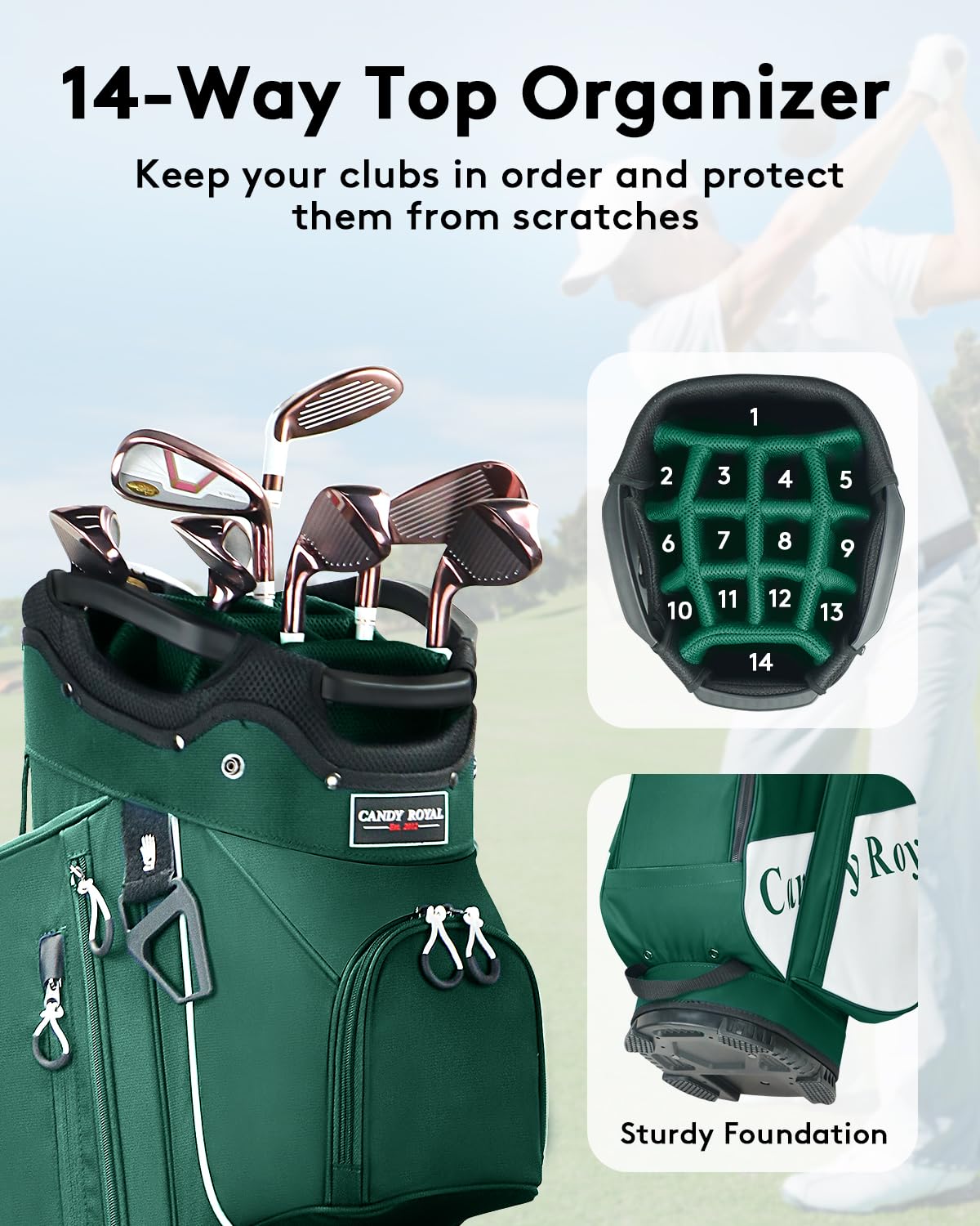 CandyRoyal golf cart bag side view in green shows sleek, lightweight design