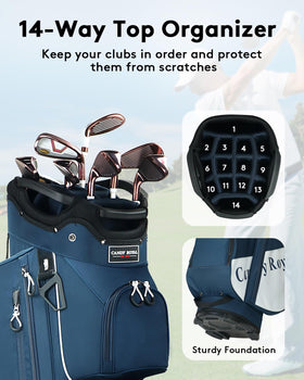 CandyRoyal cooler pocket on blue golf cart bag keeps drinks handy.