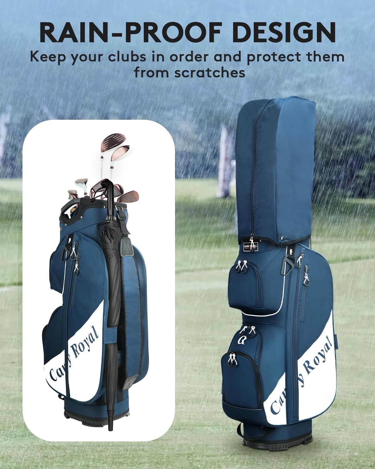 CandyRoyal blue rain cover protects clubs during wet rounds.